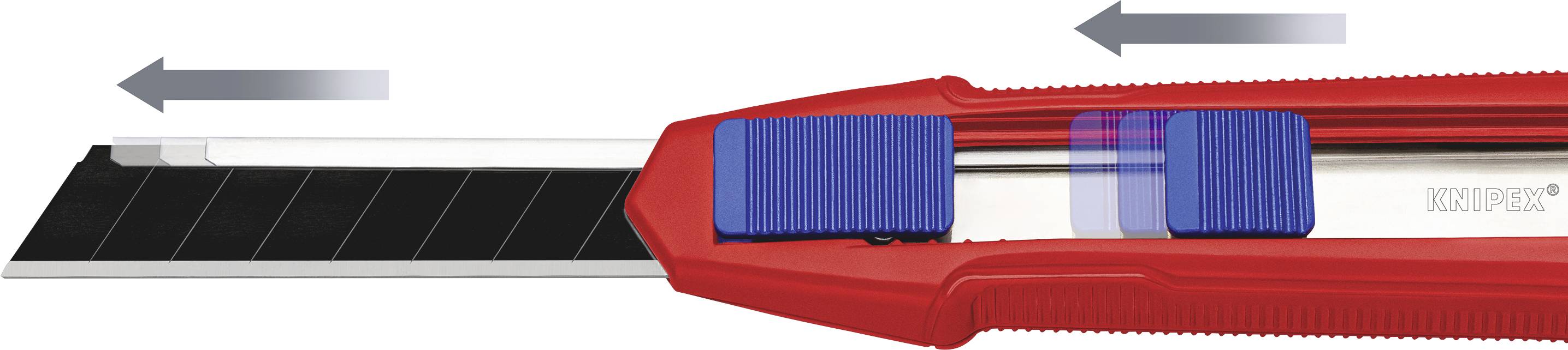 Un couteau coulissant avec un boîtier rouge et un verrou de sécurité bleu. Des flèches indiquent la direction pour sortir et rentrer la lame.