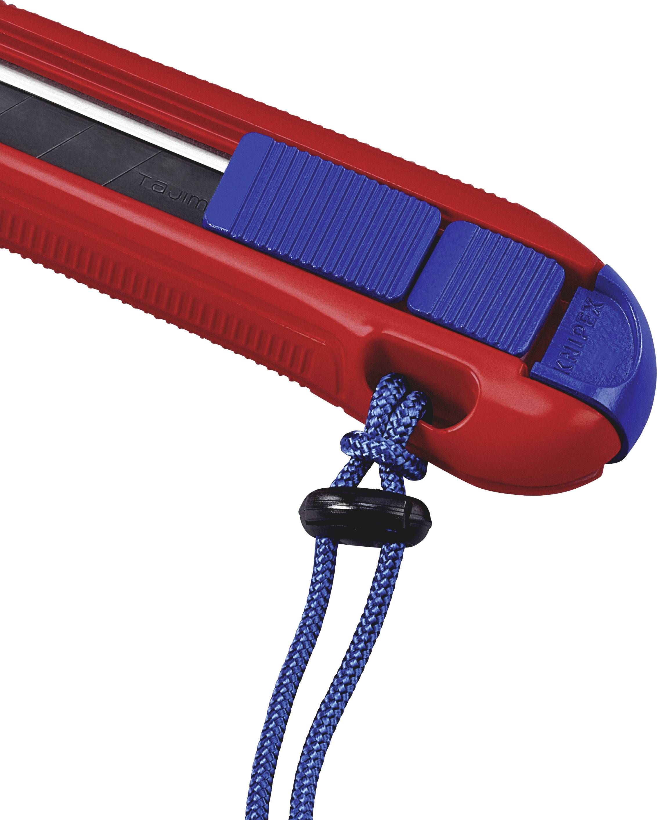 Couteau à tapis rouge avec lame bleue et cordon avec arrêt à l'extrémité de la poignée.