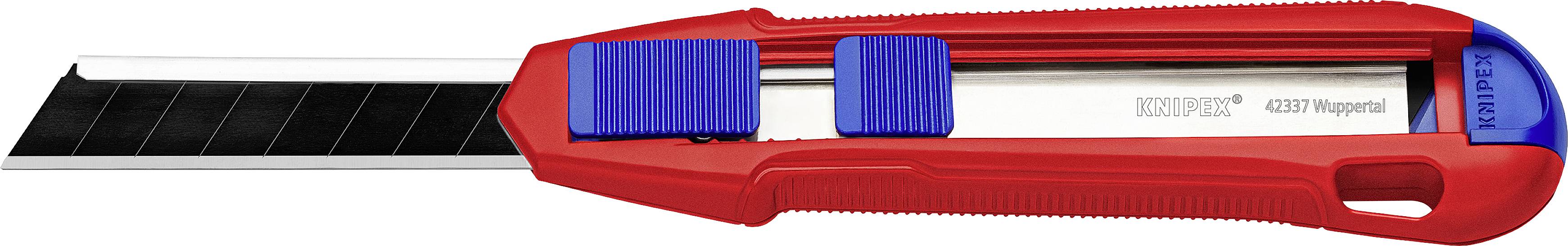 Couteau utilitaire rouge avec manche bleu, lame sortie, curseur latéral pour l'ajustement de la lame, nom de marque visible.