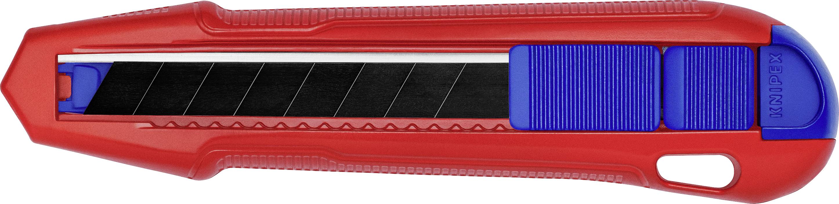 Couteau cutter rouge avec lame rétractable et curseur bleu sur fond blanc.
