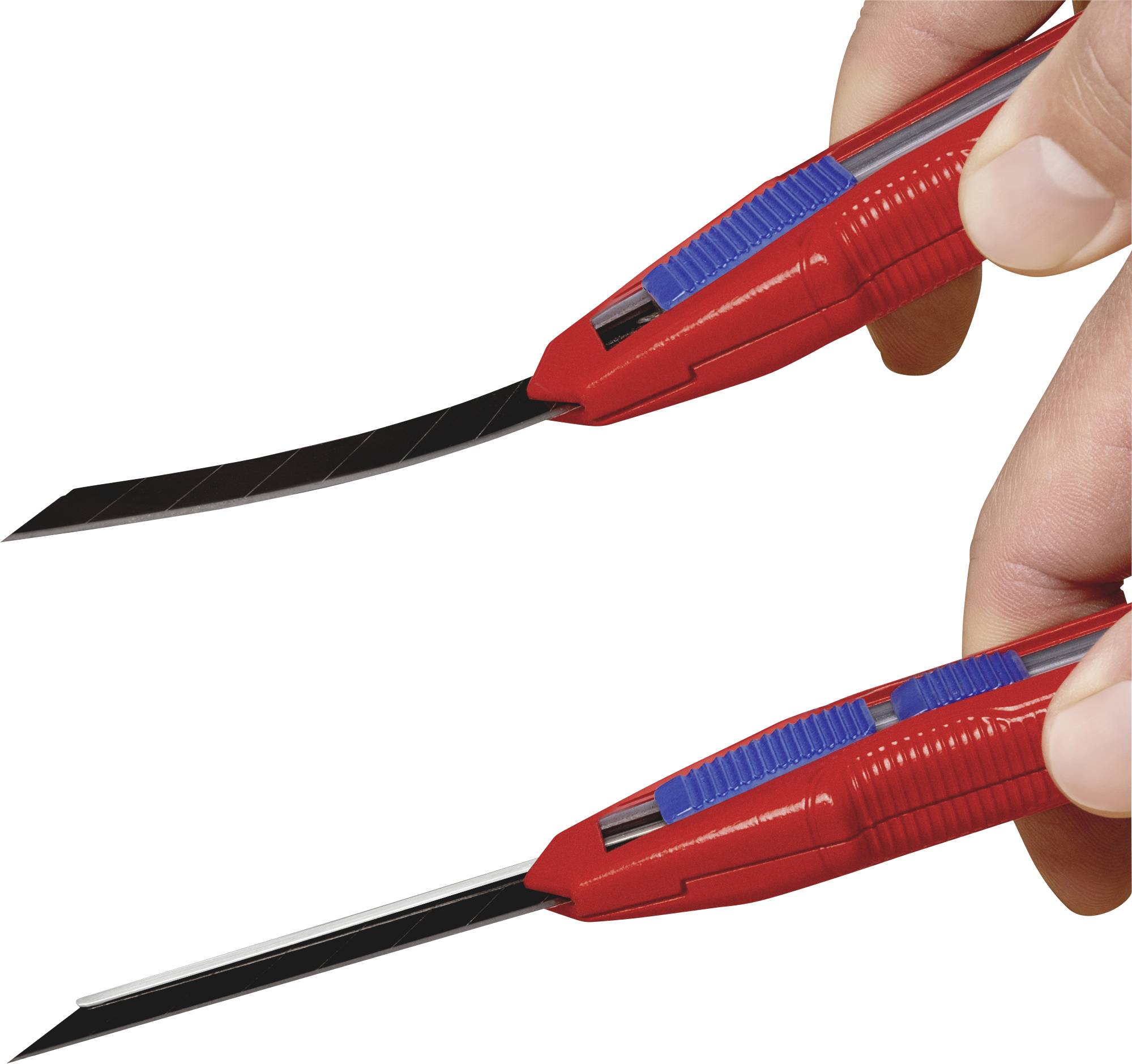 Deux couteaux universels rouges avec des lames rétractables, tenus par des mains, semblent couper. Bouton bleu pour déployer la lame.