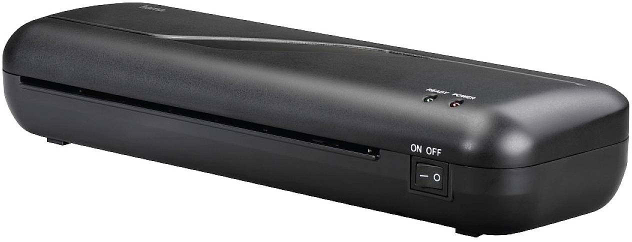 Un appareil de laminage noir avec un interrupteur marche/arrêt et deux voyants lumineux. Conçu pour la lamination de documents.