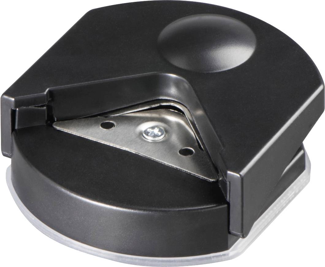 Une poinçonneuse d'angle noire avec une lame métallique ronde, qui permet d'arrondir les coins de papier ou de cartes.