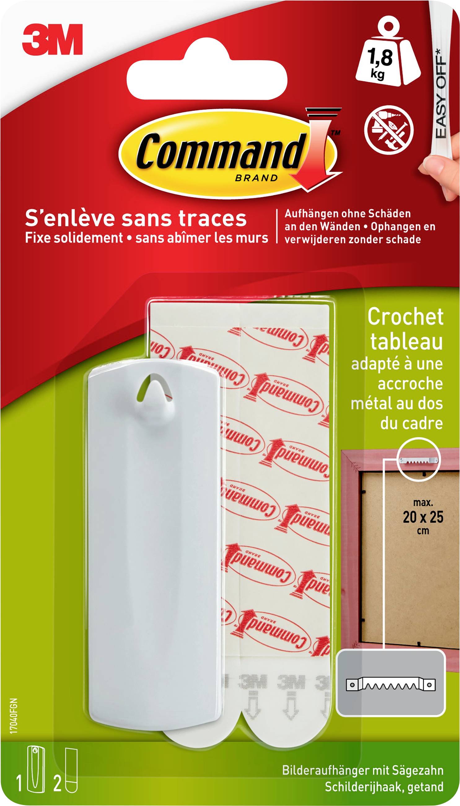 Emballage de crochets muraux 'Command' : max. 1,8 kg, sans résidu lors du retrait. Contient un crochet blanc et des bandes adhésives. Exemple d'utilisation pour cadres photos.