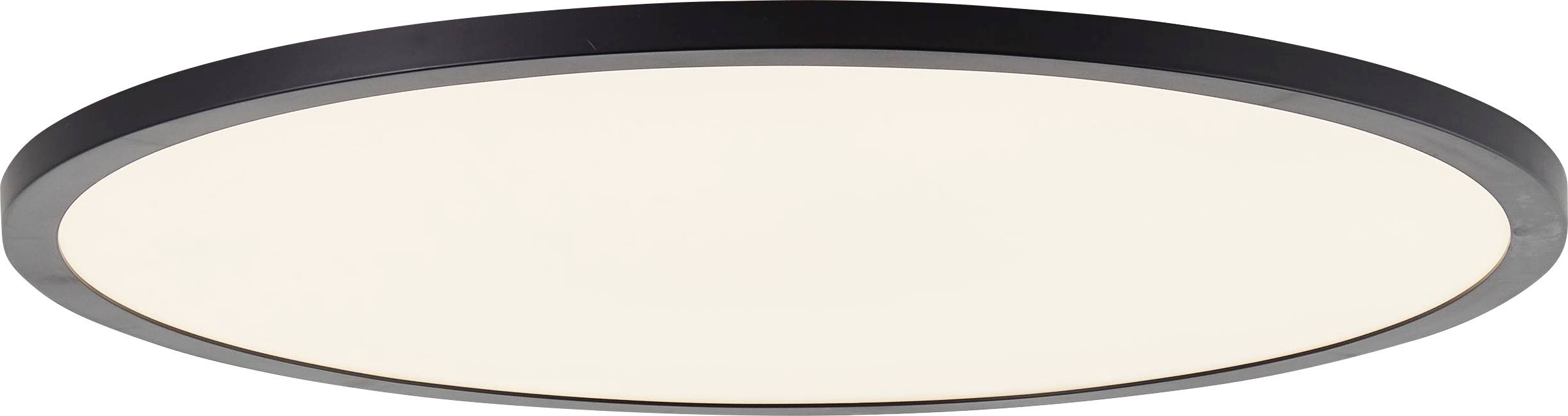 Plafonnier rond au design épuré avec bordure noire, offrant une répartition uniforme de la lumière, idéal pour les espaces intérieurs modernes.
