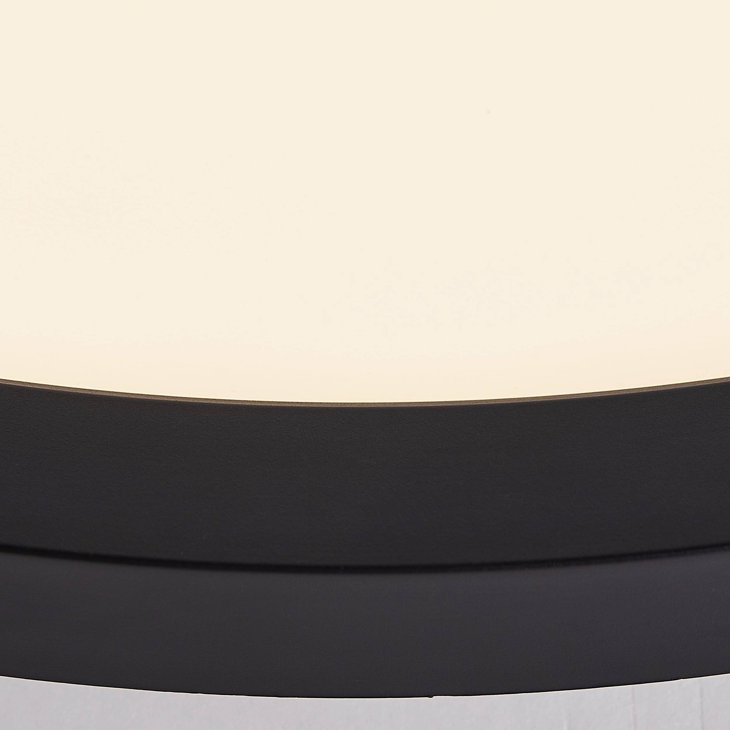 Gros plan sur un luminaire plafonnier moderne, rond, avec un contour noir et un diffuseur blanc.