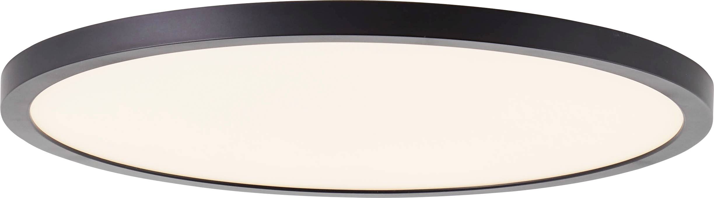 Une lampe de plafond ronde et moderne au cadre noir et à la lumière blanche, qui éclaire de manière uniforme et sans éblouissement.