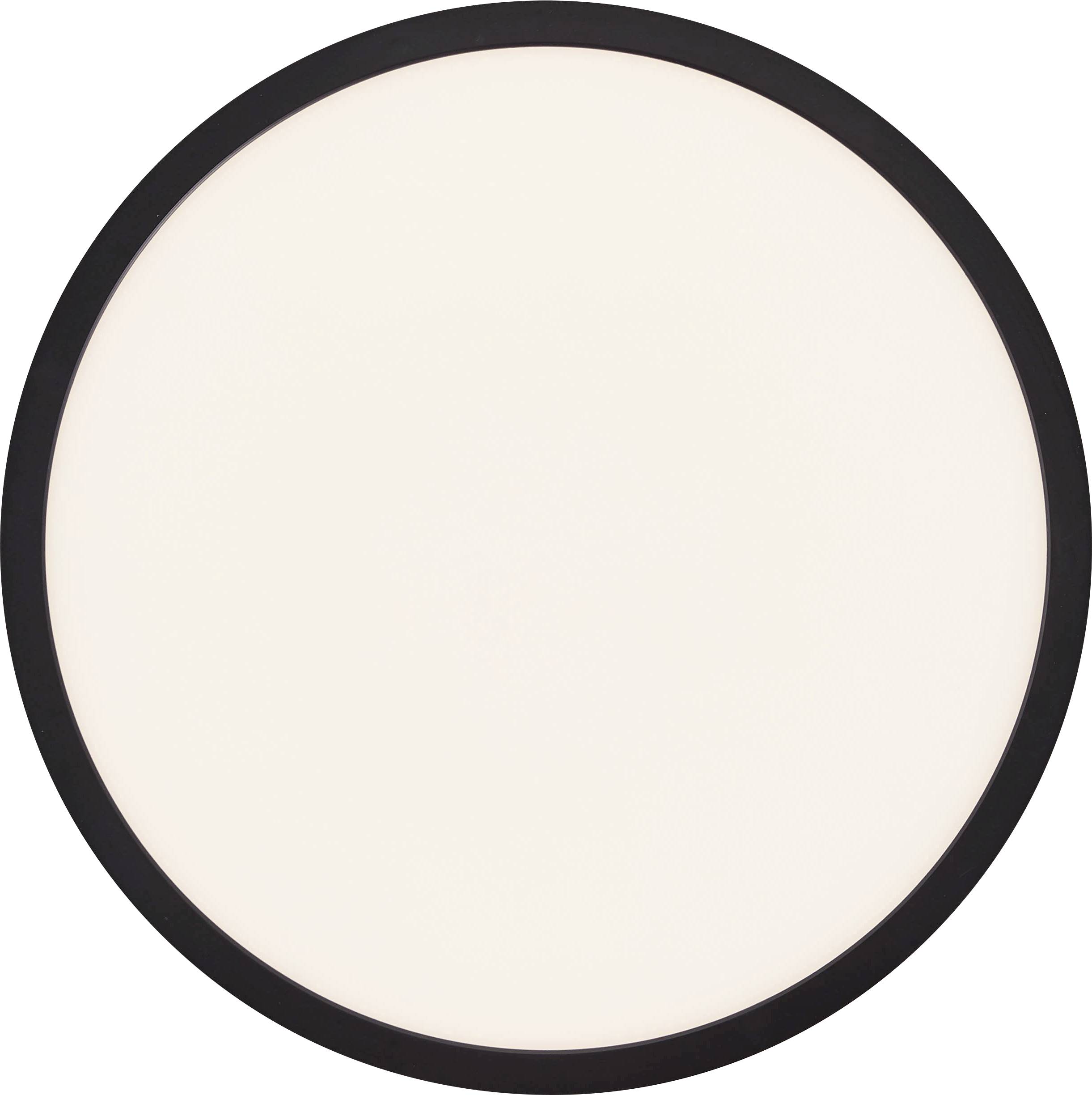 Plafonnier rond et plat avec un cadre noir et une surface lumineuse blanche, adapté à l'éclairage intérieur moderne.