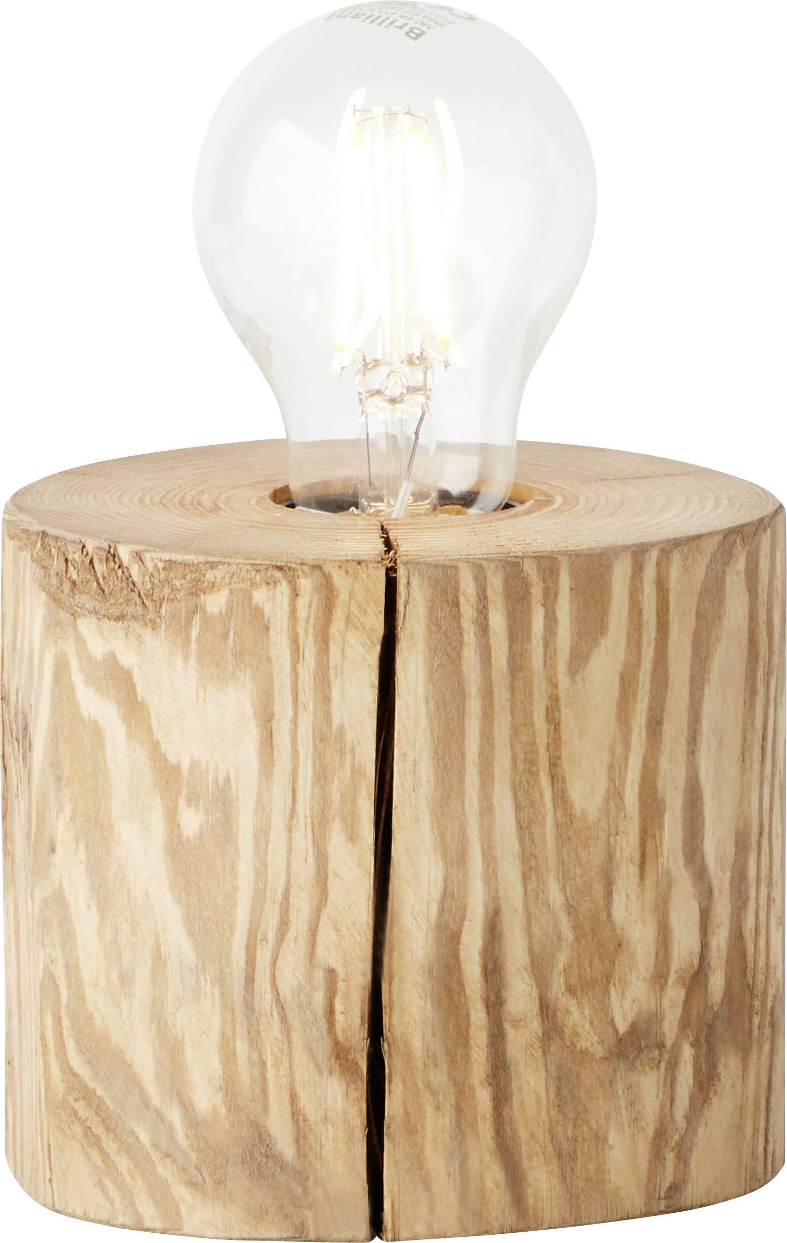 Une ampoule transparente est insérée dans un support cylindrique en bois naturel aux veines apparentes, posée sur une table.