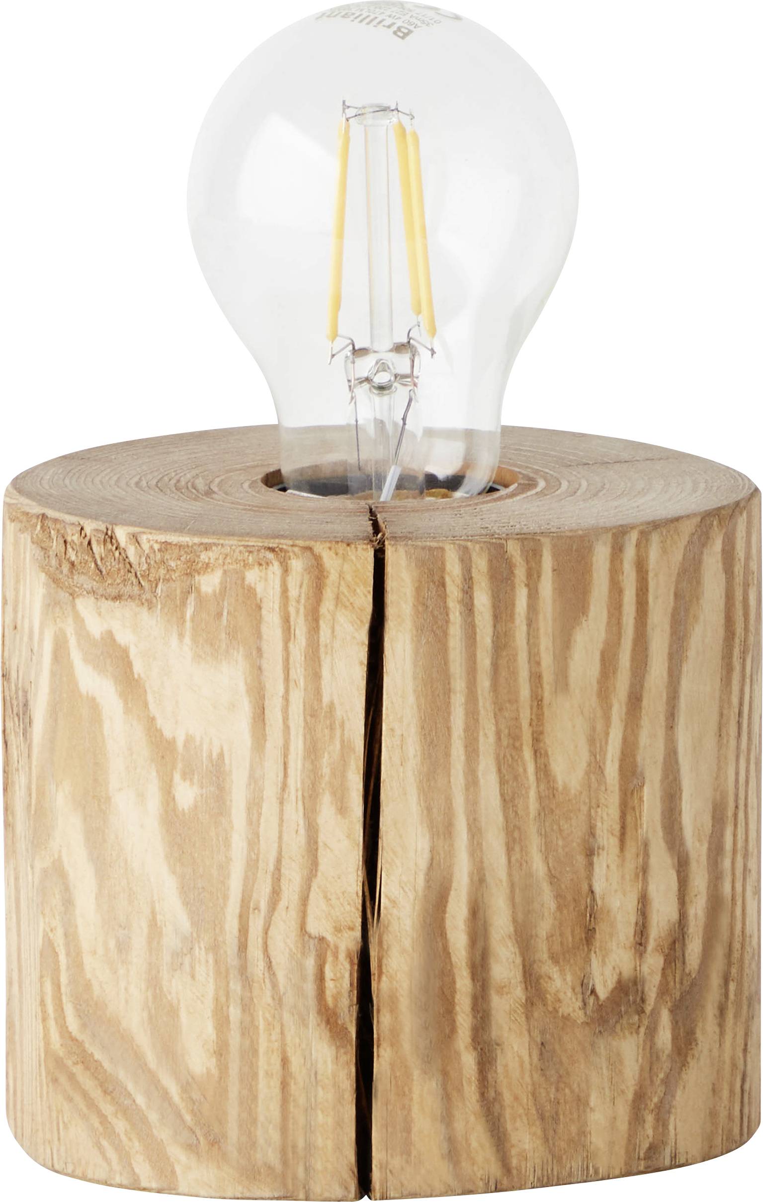 Une ampoule est placée verticalement dans un bloc de bois servant de socle, sur un fond blanc.