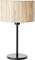 'Lampe de table avec socle en métal noir et abat-jour cylindrique en matériau tressé beige.'