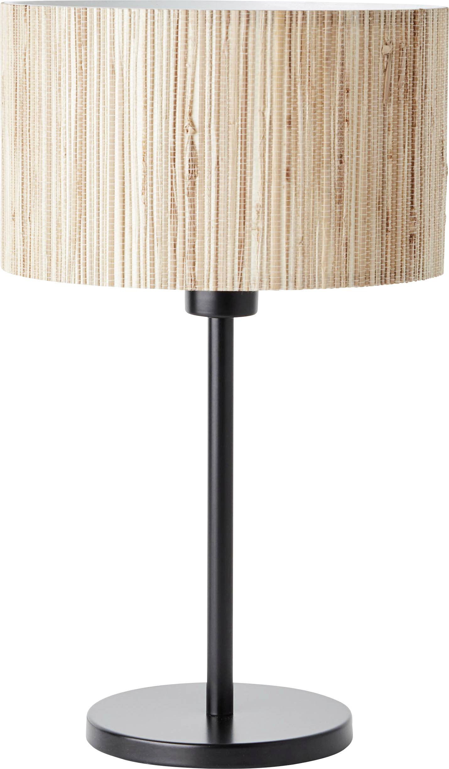 Une lampe de table avec un pied en métal noir et un abat-jour cylindrique en tissu beige rayé.