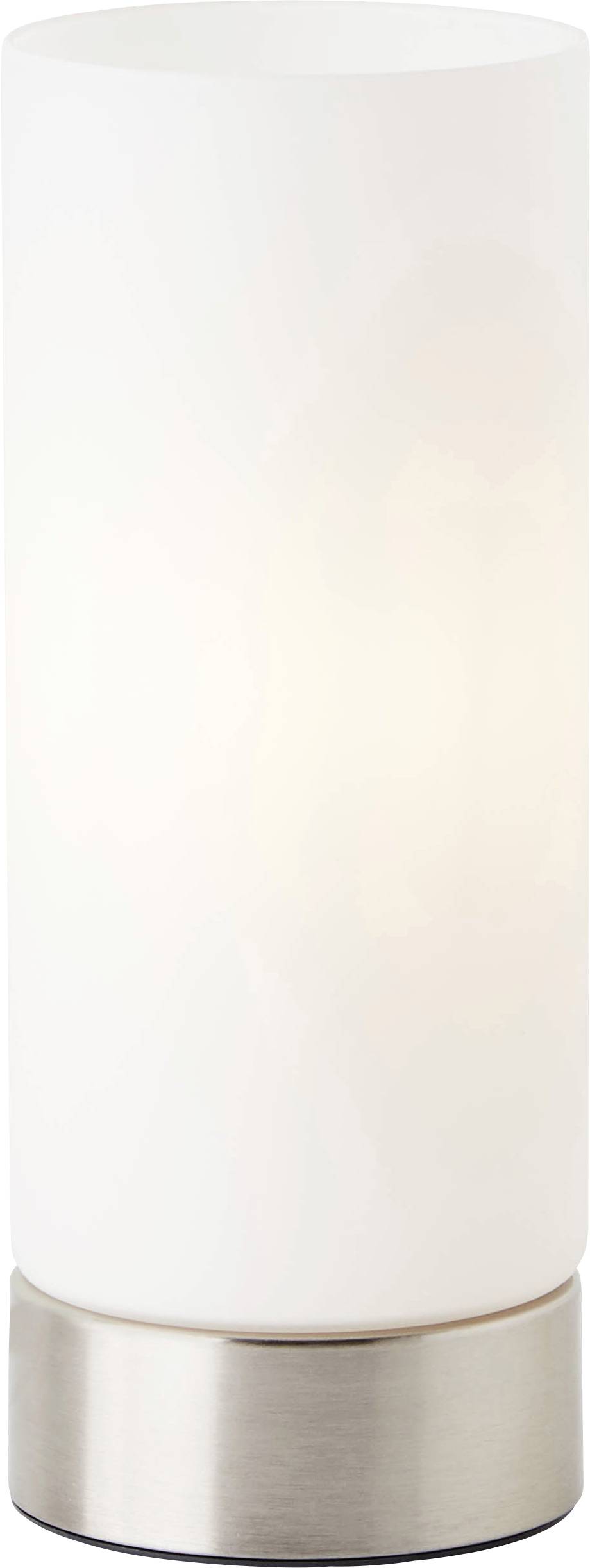 Une lampe de table cylindrique avec un abat-jour blanc et un pied argenté, diffusant une lumière douce.