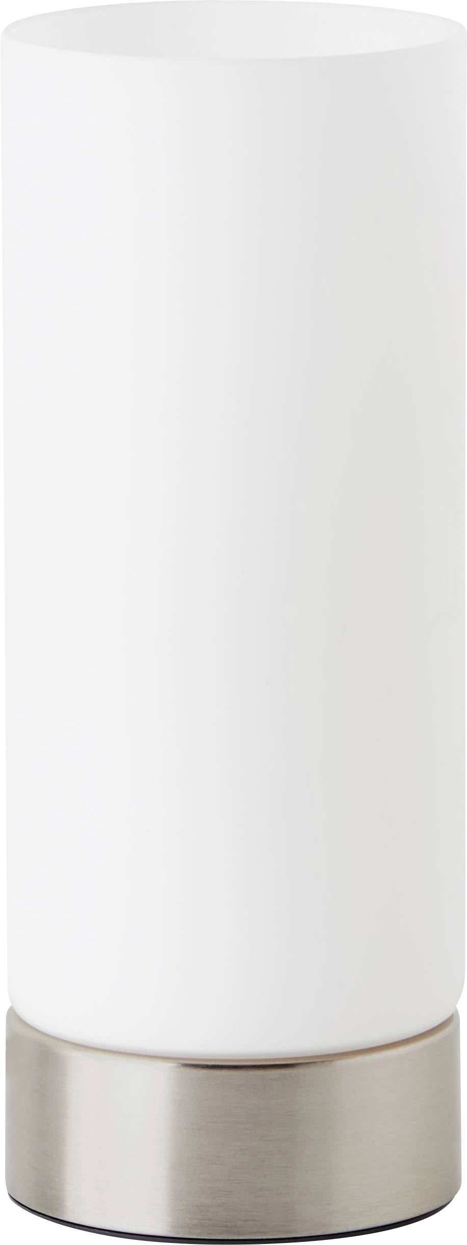 Une lampe de table moderne, cylindrique, en verre blanc avec un pied métallique.