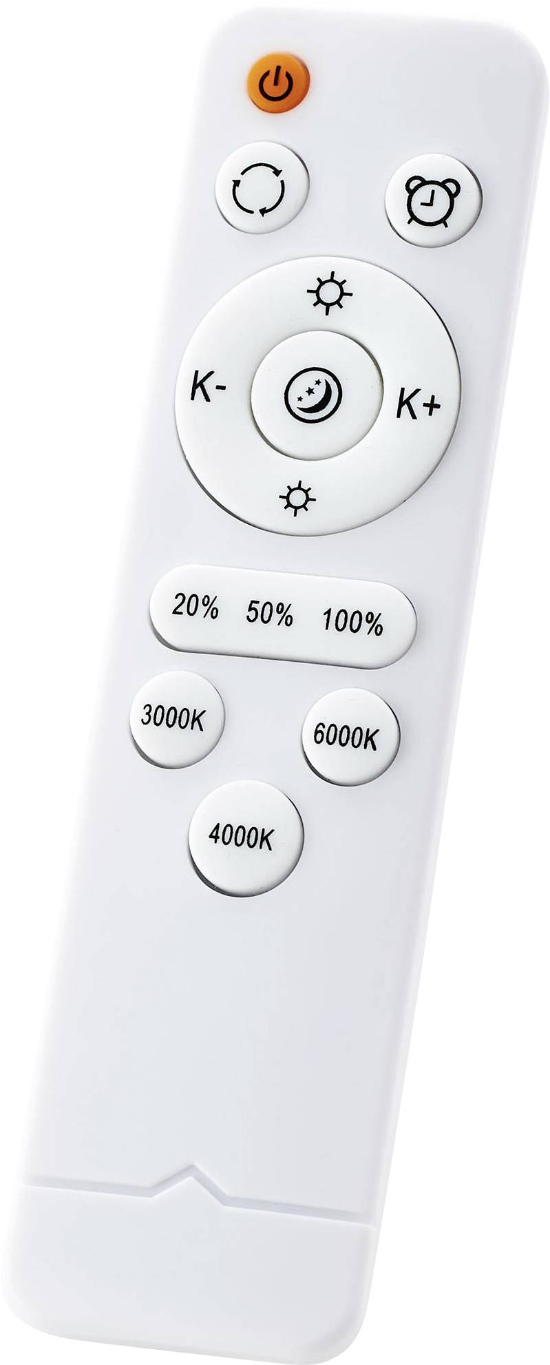 Une télécommande blanche avec des touches pour la luminosité, la température de couleur (3000K, 4000K, 6000K) et un interrupteur marche/arrêt en haut.