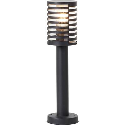 Lampadaire extérieur noir au design en grille, diffusant la lumière vers l'extérieur, monté sur un socle stable.