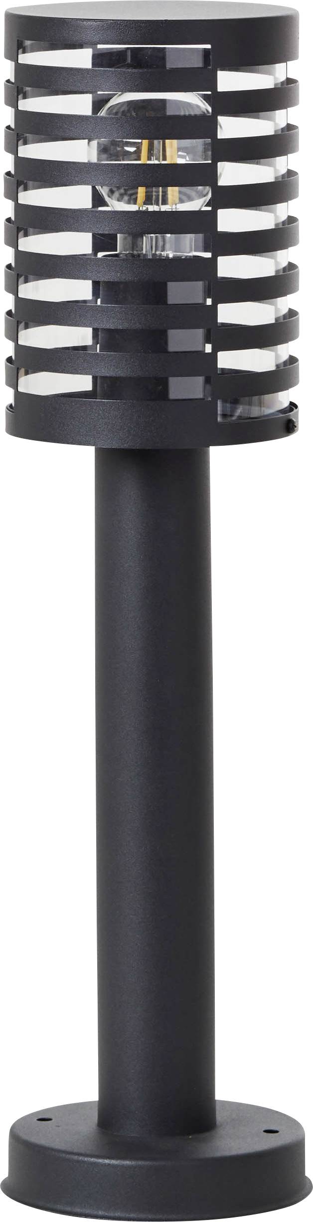 Applique extérieure noire au design moderne, abat-jour cylindrique à rayures horizontales, reposant sur un socle rond.