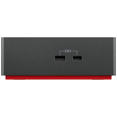 Un appareil noir avec deux ports USB et une base rouge.