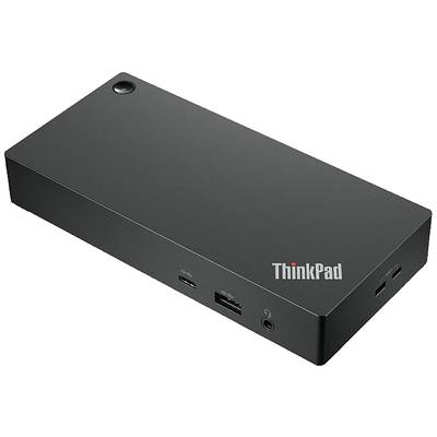 Une station d'accueil rectangulaire noire avec le logo 'ThinkPad', équipée de différents ports sur le côté.
