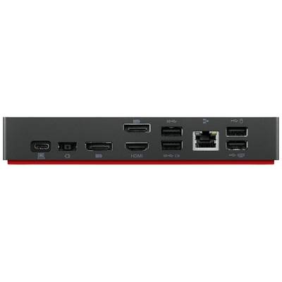 Arrière d'un appareil électronique avec différents ports, notamment USB, HDMI et Ethernet ; base rouge.