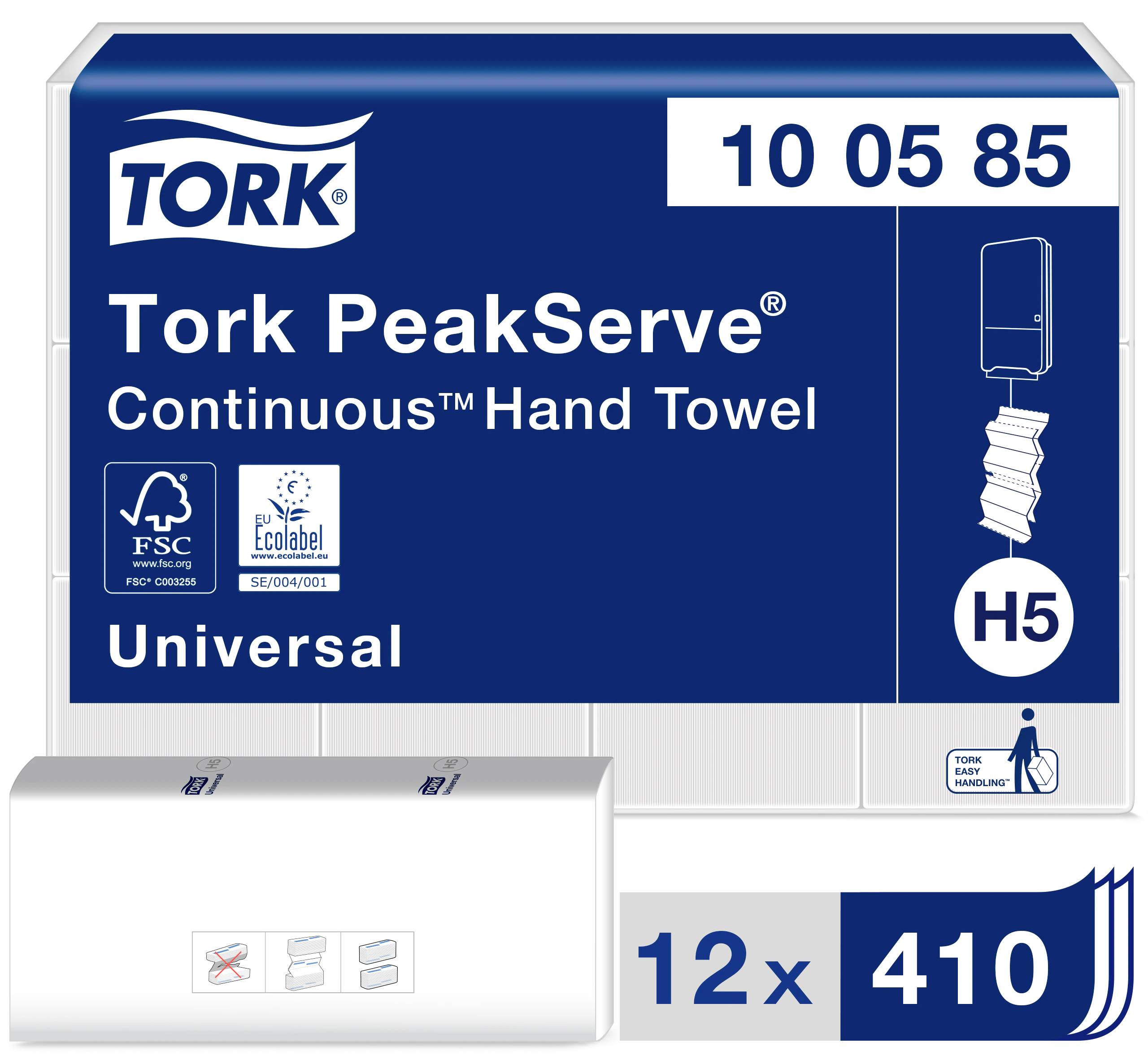Un emballage de 'Tork PeakServe Continuous Hand Towel', contenant 12 paquets de 410 essuie-mains chacun, certifié FSC et EU Ecolabel.