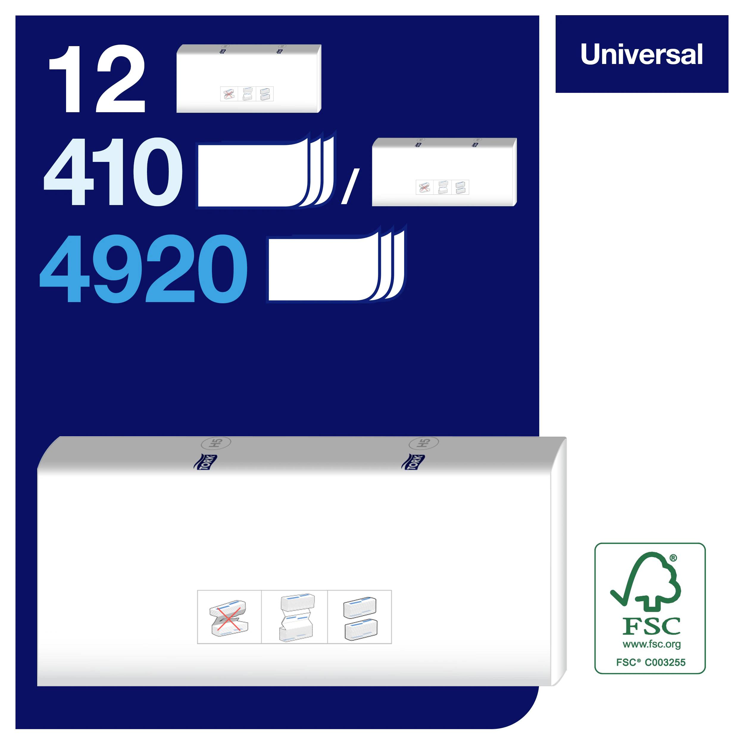 '12 boîtes de 410 feuilles, soit un total de 4 920 feuilles. Essuie-mains en papier blanc. Produit certifié FSC.'