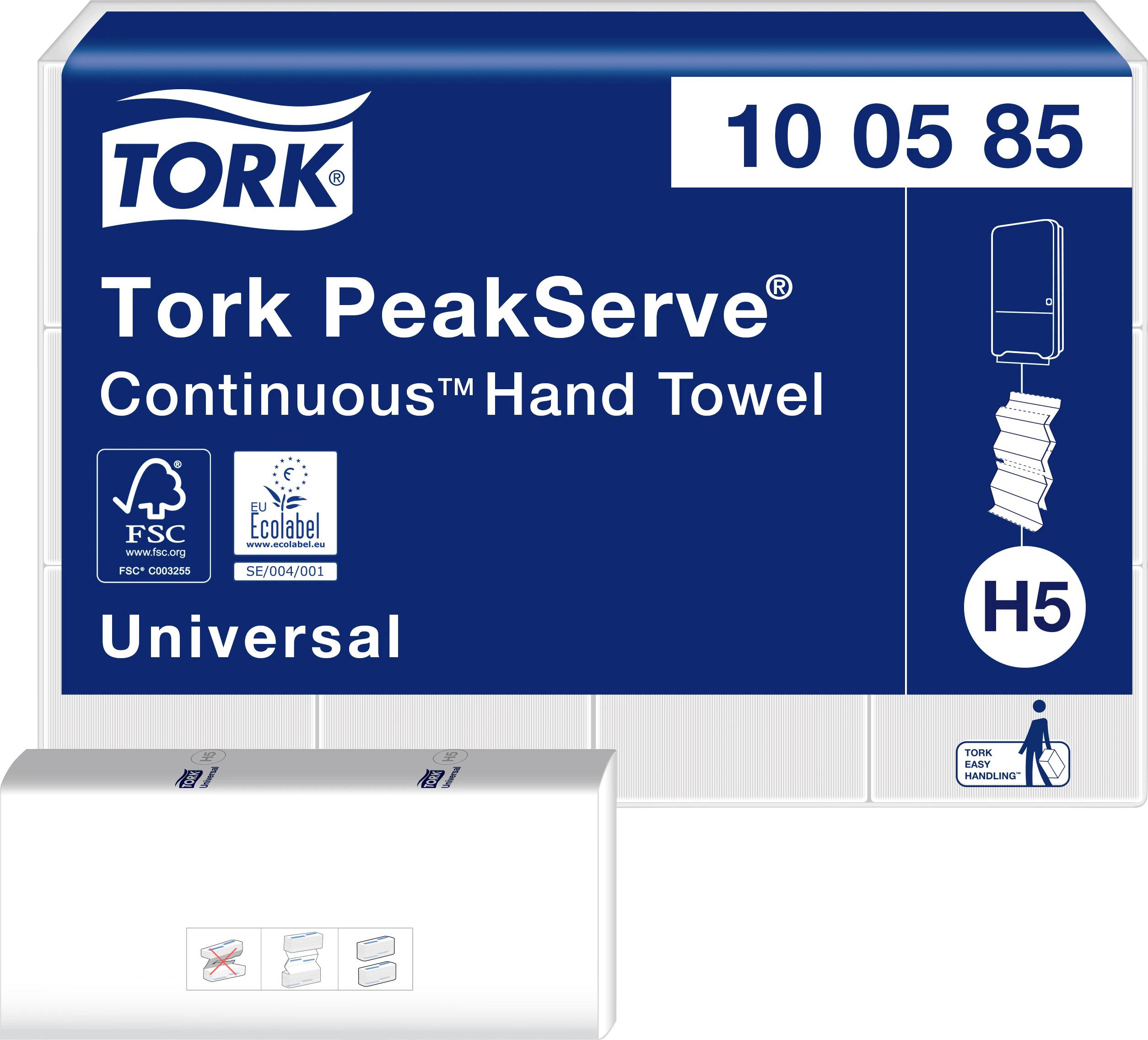 Emballage présentant des essuie-mains 'Tork PeakServe', certifiés FSC, avec une illustration d'un distributeur d'essuie-mains en papier.