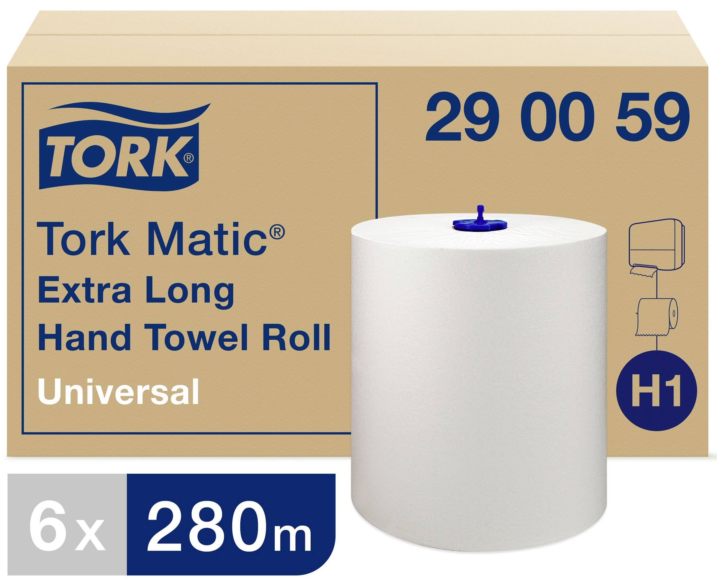 Carton de rouleaux de papier Tork Matic Universal H1. Contient six rouleaux de 280 m chacun. Application : distributeur d'essuie-mains en papier.