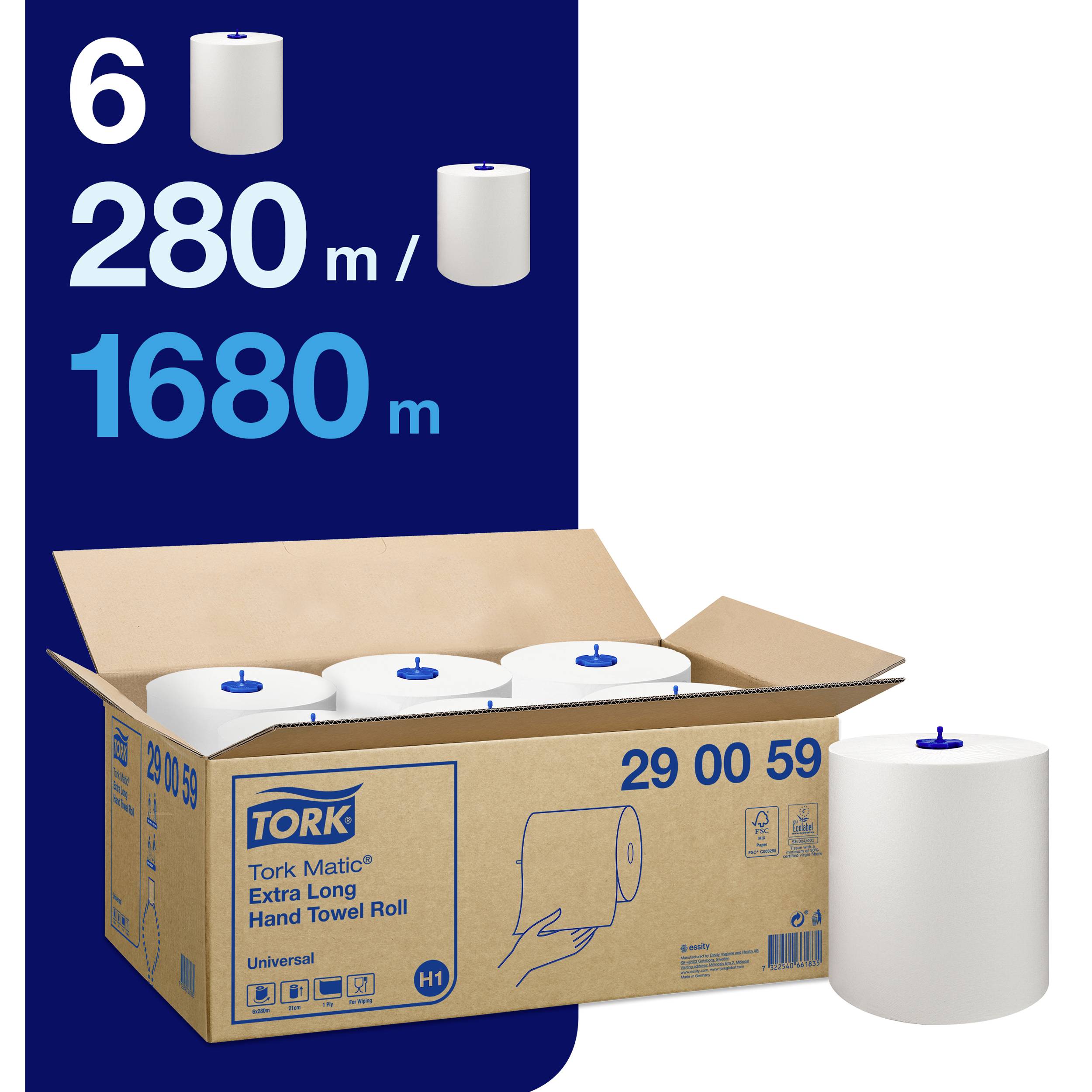 Carton de six rouleaux de papier essuie-mains blancs, chacun de 280 mètres de long ; soit un total de 1680 mètres. Produit : Tork Matic, pour systèmes de distribution.