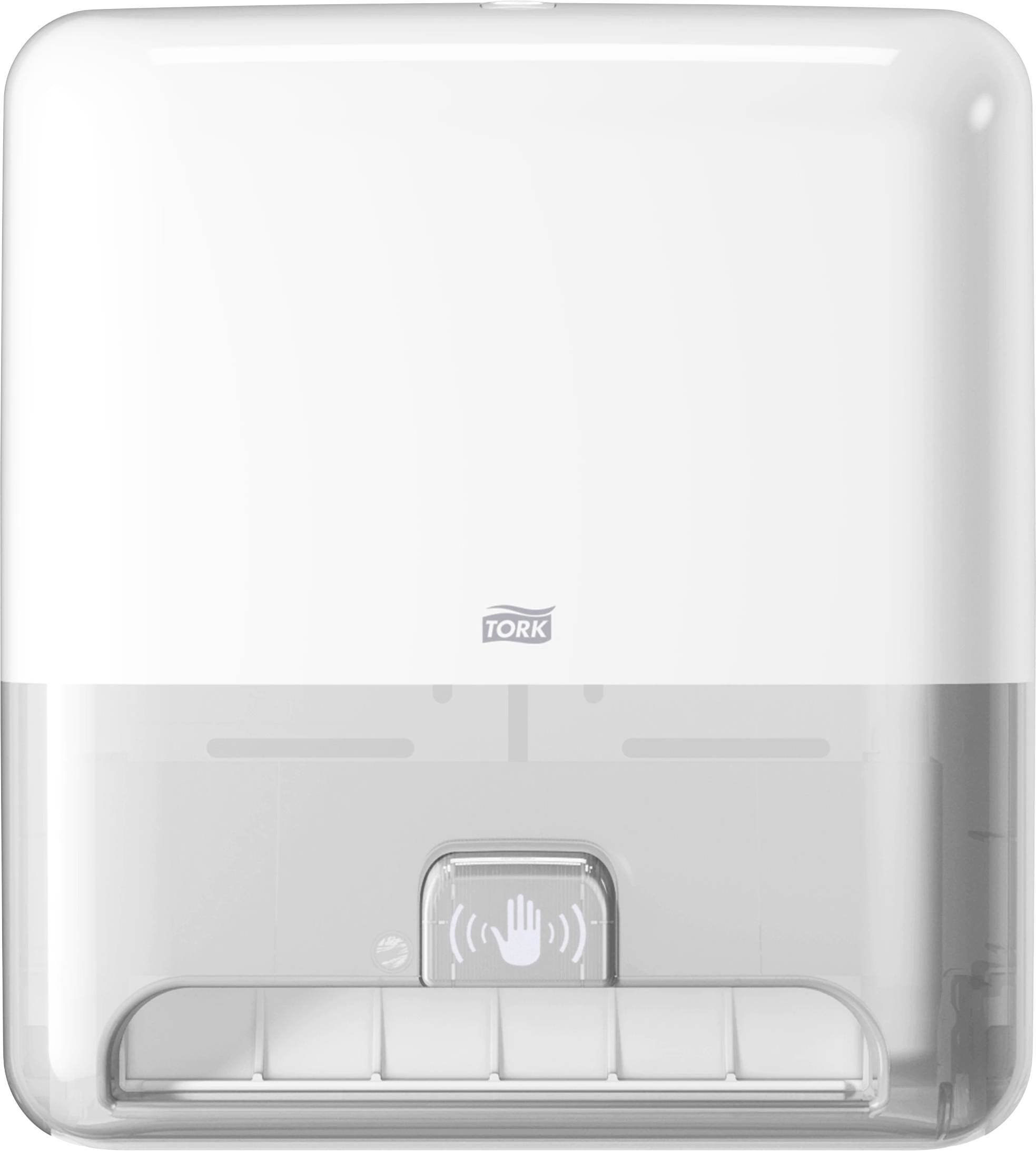 Un distributeur automatique de serviettes en blanc avec un capteur pour la distribution sans contact de papier.