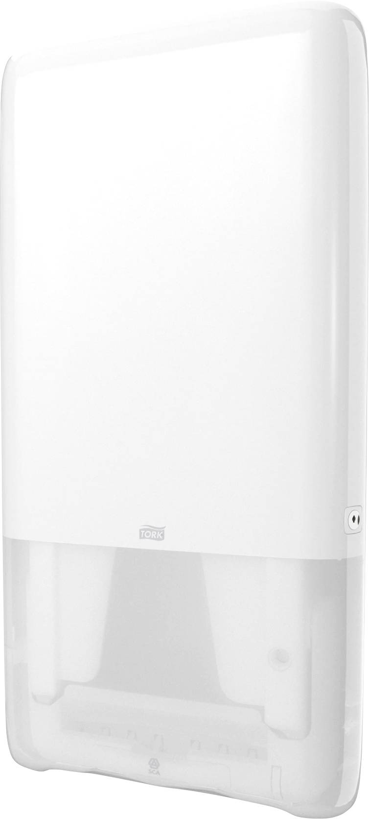 Un distributeur de papier toilette blanc à surface lisse, à forme verticale élancée, adapté à une utilisation commerciale.