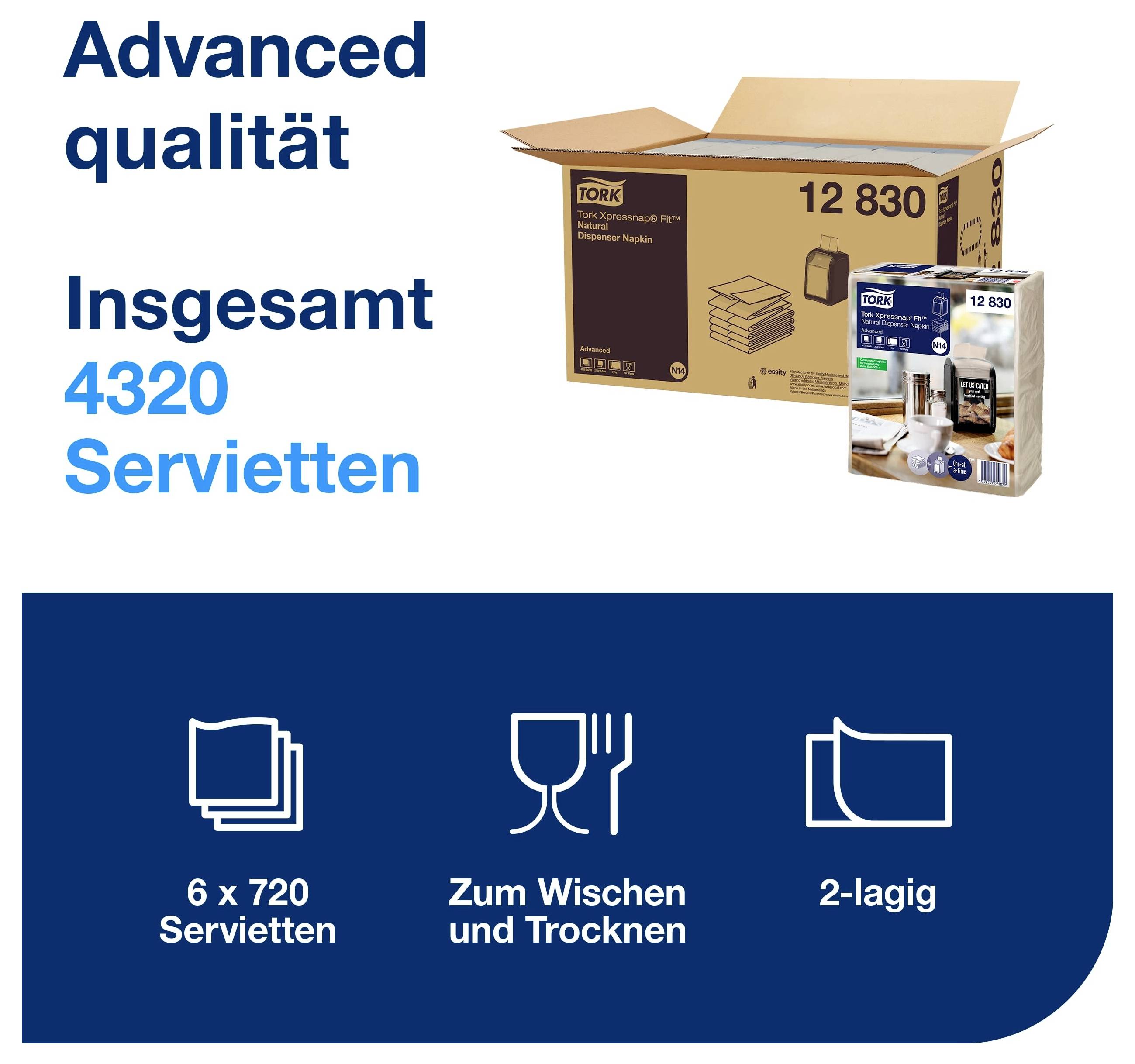 Annonce publicitaire pour Tork 'Qualité Avancée' : au total 4320 serviettes, 6 x 720, 2 épaisseurs, pour essuyer et sécher, avec emballage de produit.