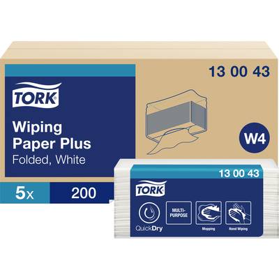 Lingettes Tork Plus, pliées, blanches, 200 lingettes par paquet. L'emballage affiche des symboles pour usage multifonction, essuyage et séchage des mains.