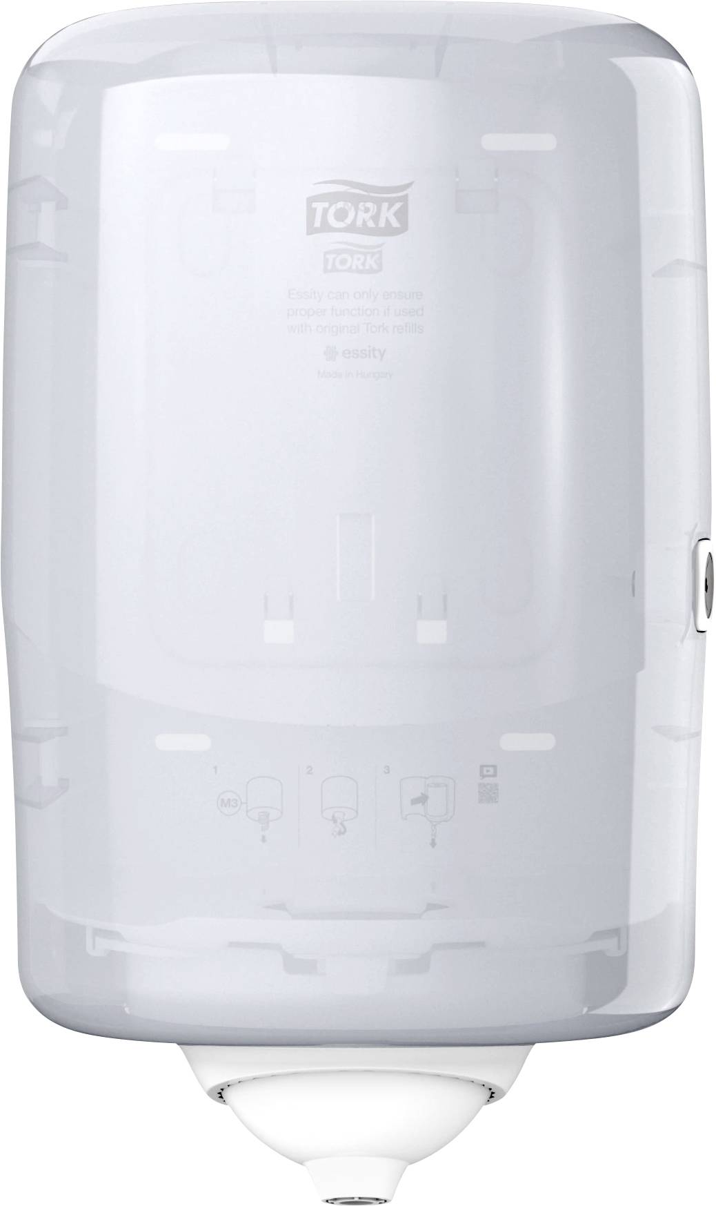 Un distributeur de savon automatique blanc, monté sur un mur.