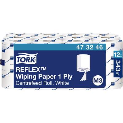 Paquet de papier d'essuyage Tork Reflex, 1 pli, 12 rouleaux, 343m par rouleau. Le design présente la marque, le nom du produit et une illustration du rouleau.