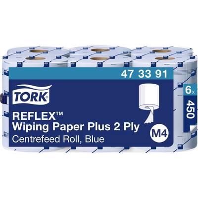 'Papier d'essuyage Tork Reflex Plus, 2 plis, Dévidage central, Bleu, Système M4, 6 rouleaux de 450 feuilles, Référence 473391'