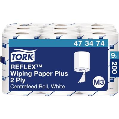 'Tork Reflex Wiping Paper Plus', papier blanc à 2 plis, rouleau centré, 200 feuilles par rouleau, 9 rouleaux par paquet.