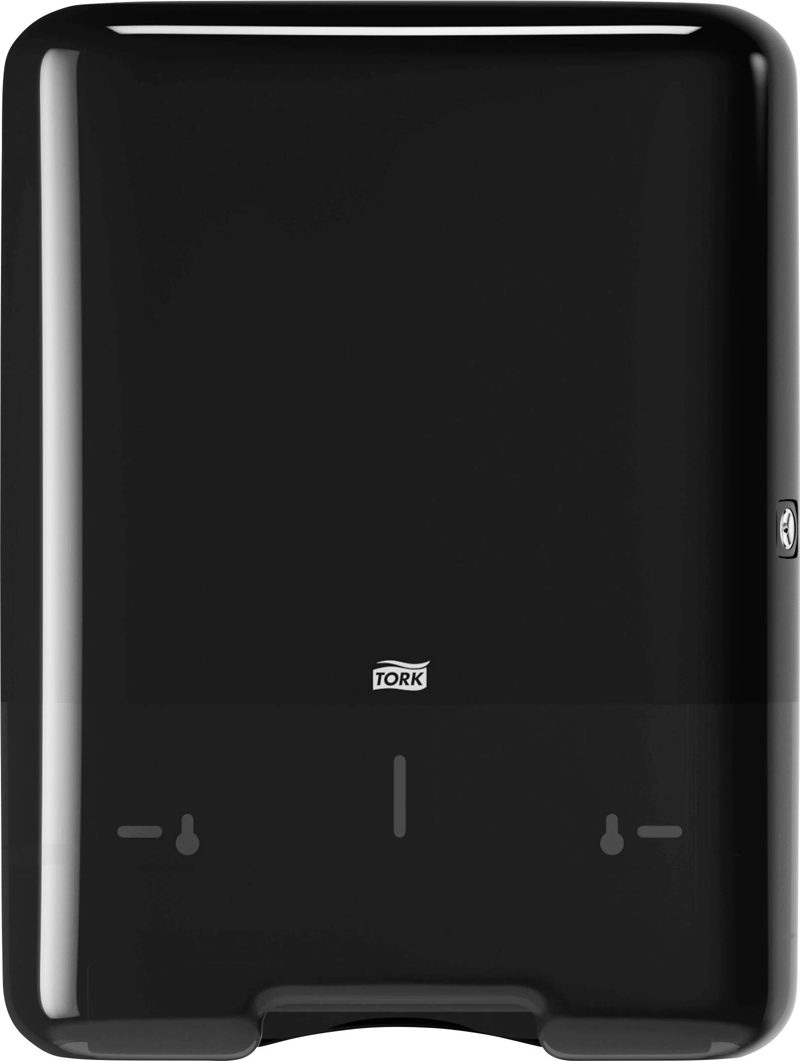 Un distributeur noir pour essuie-mains de la marque Tork, monté sur un mur neutre. Adapté pour les toilettes publiques.