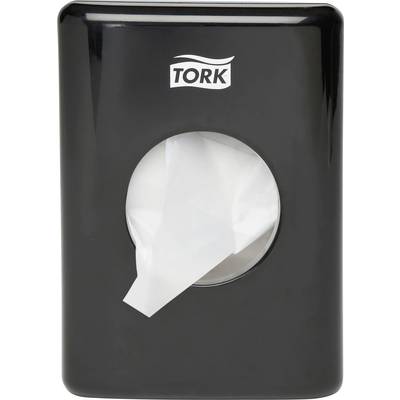 Distributeur d'essuie-papier noir avec fenêtre d'observation ronde, un chiffon blanc visible à travers. Nom de la marque visible en haut.