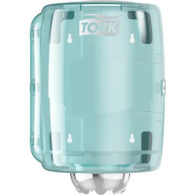 Un distributeur de papier essuie-mains Tork bleu-vert avec un boîtier en plastique transparent pour montage mural, adapté aux toilettes publiques.