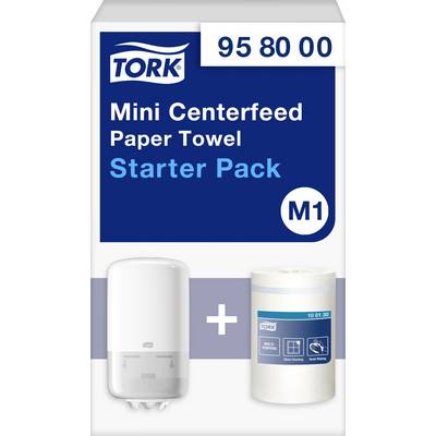 Pack de démarrage M1 pour essuie-mains bobine centrale mini Tork, avec distributeur et rouleau d'essuie-mains, référence article 95 80 00.