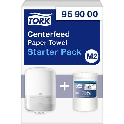 Ensemble de départ pour essuie-mains en papier avec distributeur et rouleau de recharge, marque 'Tork', modèle 'Centerfeed', pour utilisation dans les sanitaires.