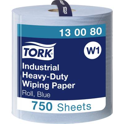 Un rouleau de papier de nettoyage industriel bleu de la marque Tork, 750 feuilles. Idéal pour les tâches de nettoyage difficiles.