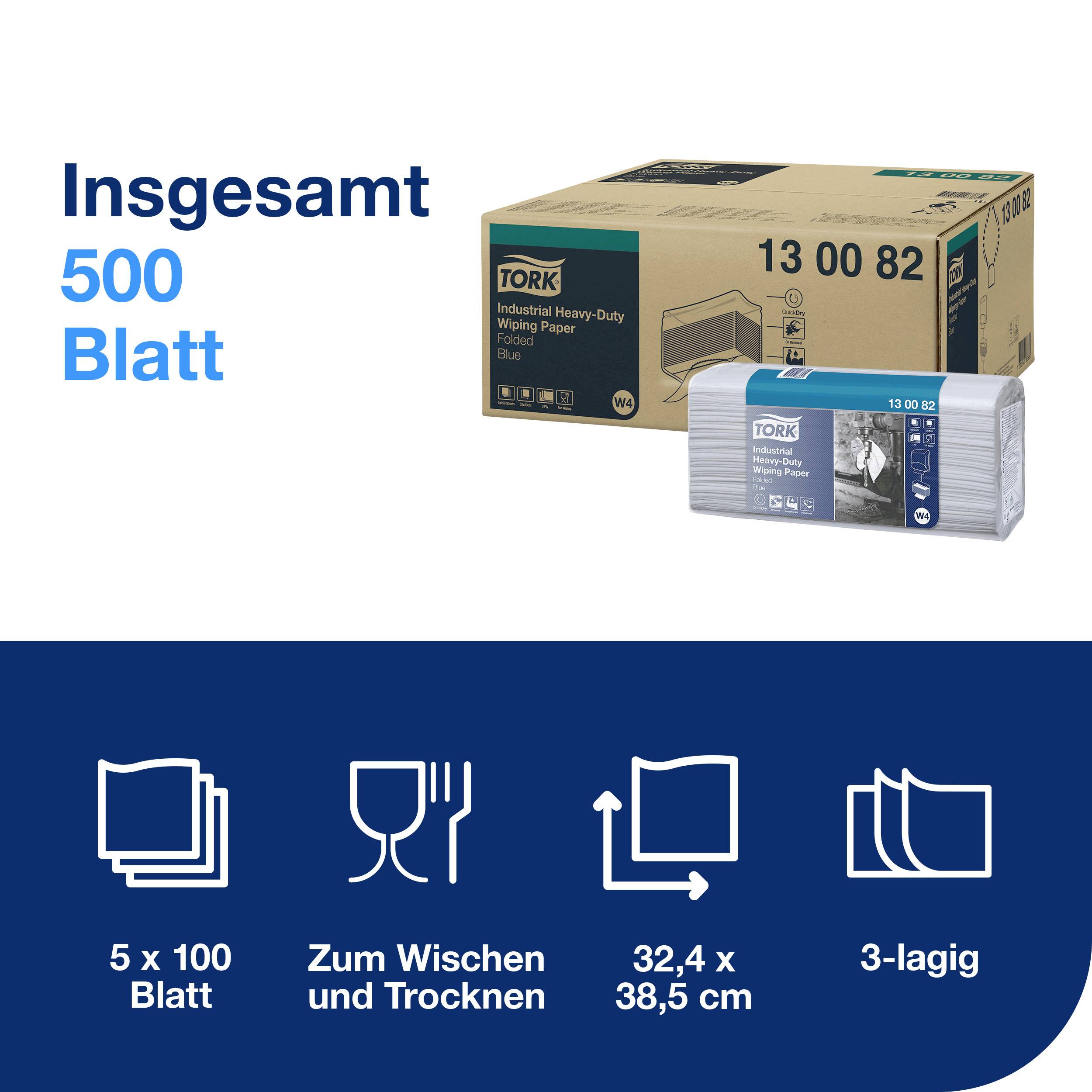 Lingettes industrielles 'Tork', emballage et boîte illustrés. Texte : 'Total 500 feuilles, 5 x 100 feuilles, Pour essuyer et sécher, 32,4 x 38,5 cm, 3 épaisseurs'.