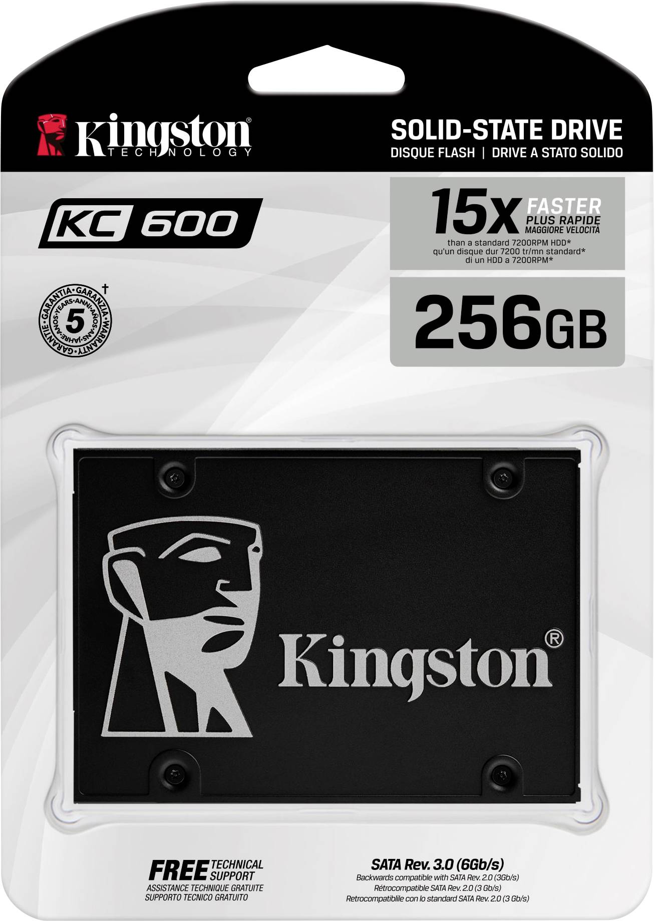 Emballage du SSD Kingston KC600 affichant une capacité de 256 Go, 15 fois plus rapide, avec une garantie de 5 ans, interface SATA Rev. 3.0.
