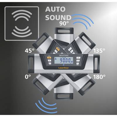 Dispositif électronique d'inclinaison avec fonction sonore automatique, affichant les angles d'inclinaison de 0°, 45°, 90°, 135° et 180° sur un écran numérique.