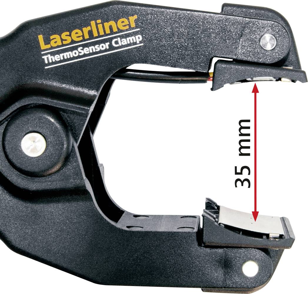Une pince de capteur thermique noir de Laserliner avec une plage de mesure maximale de 35 mm. Un logo Laserliner est présent en haut.