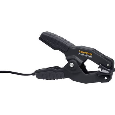 Pince de serrage noire avec câble, marquée 'Laserliner ThermoSensor Clamp', destinée à mesurer les températures sur des tuyaux.