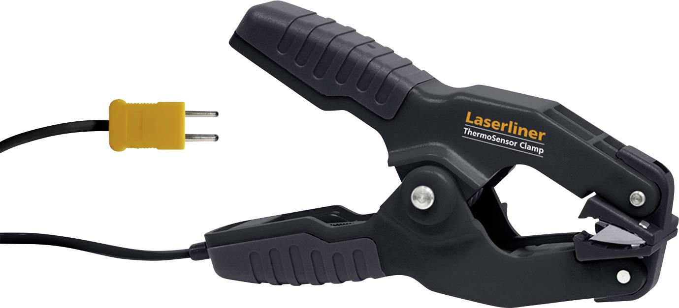 Pince de capteur thermique noir avec connecteur jaune de Laserliner, utilisée pour mesurer la température des tuyaux, sur un fond blanc.
