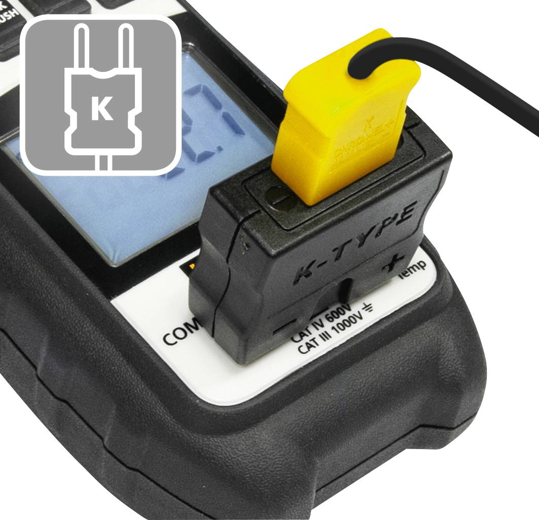 Appareil de mesure numérique avec connexion pour thermocouple de type K et symbole. Mesure les températures pour différentes applications.